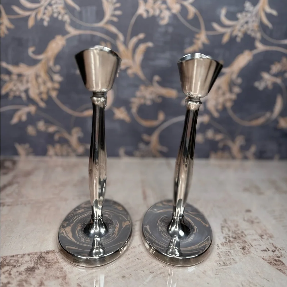 Pair of Sleek Silver Metal Candlesticks